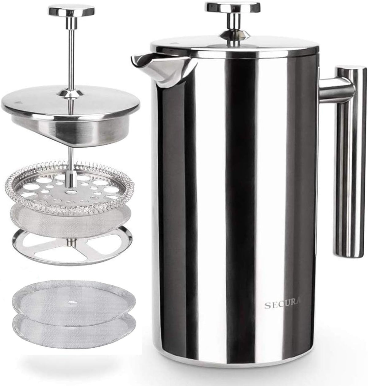 French Press Coffee Maker, 304 Grade Stainless Steel Insulated Coffee Press with 2 Extra Screens, 34Oz (1 Litre), Silver
