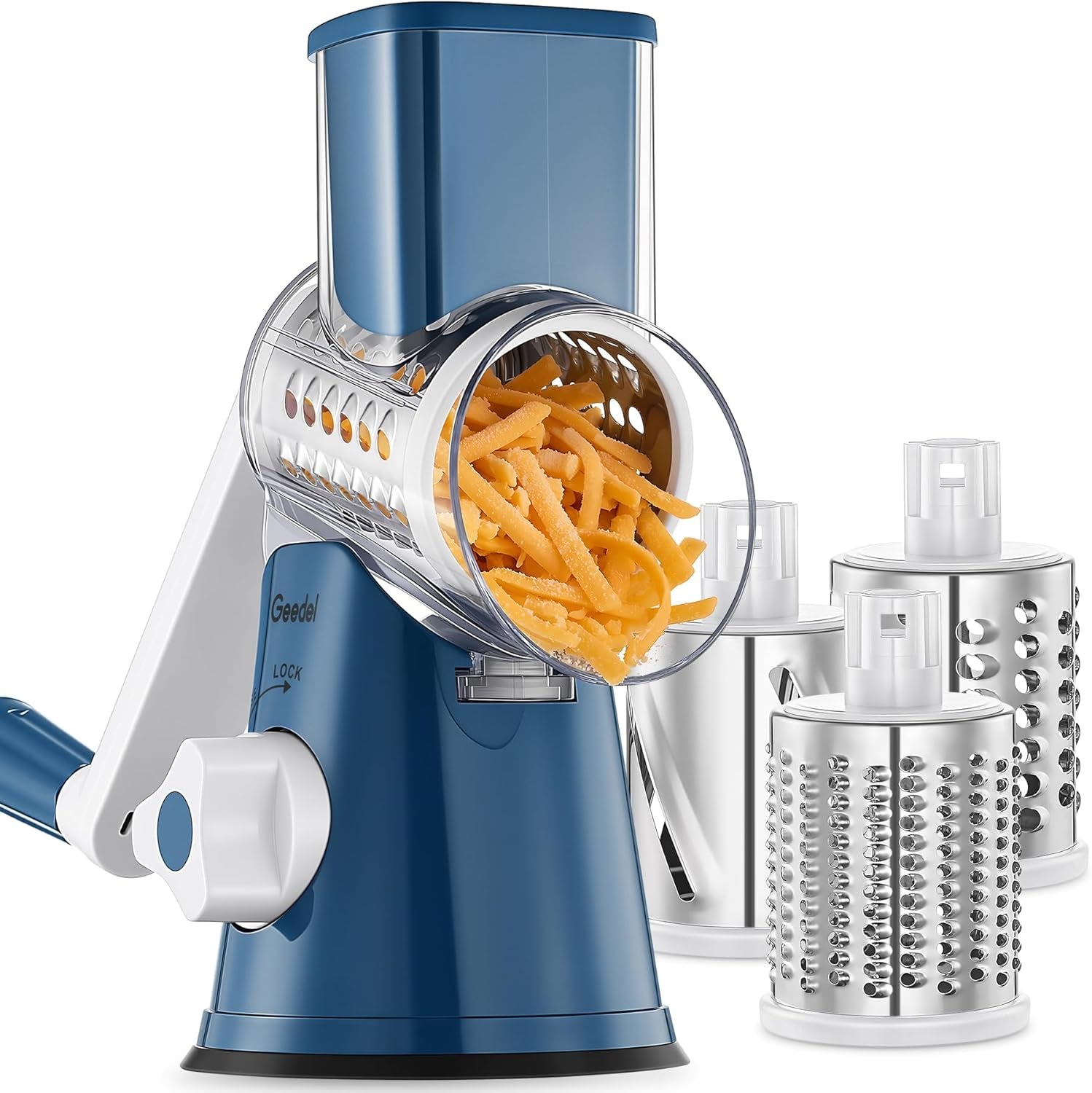 Rotary Cheese Grater Hand Crank, Cheese Shredder Vegetable Slicer | 3 Blades, 430 Stainless Steel, 12X Fast Cutting, Strong Suction Base, No BPA, Dishwasher Safe, for Cheese, Viggie, Nut