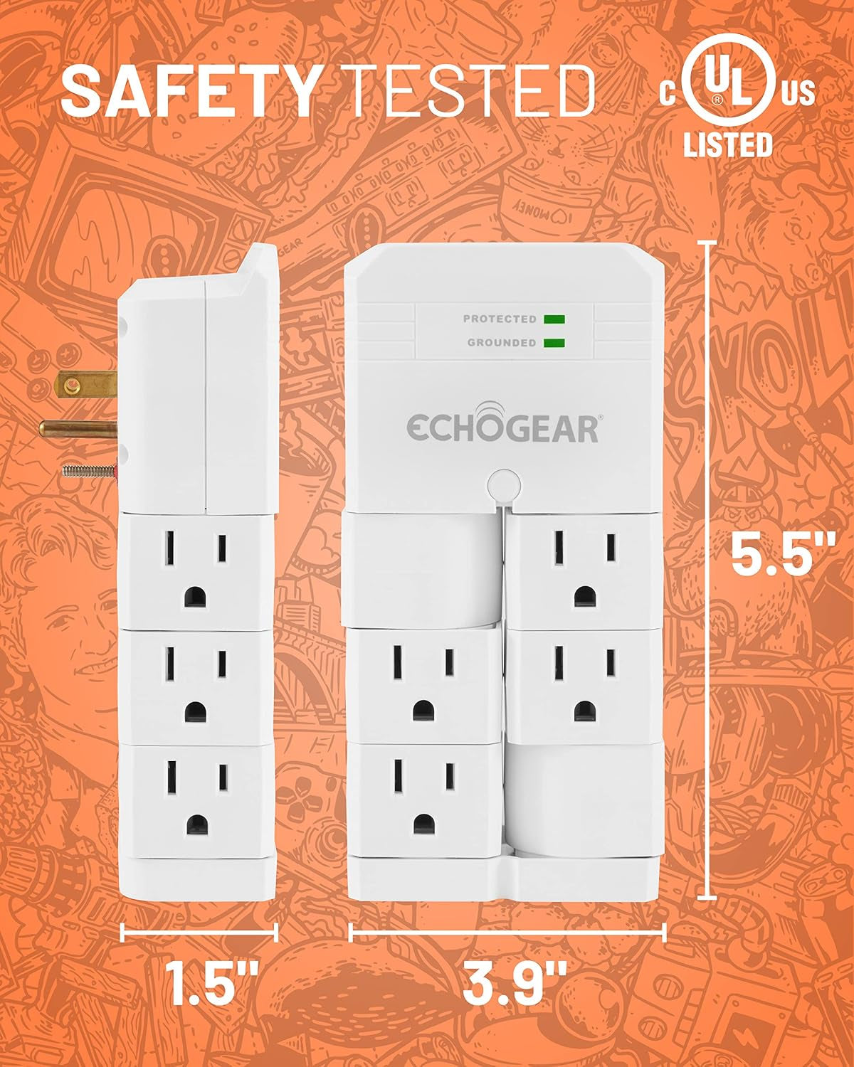 On-Wall Surge Protector with 6 Pivoting AC Outlets & 1080 Joules of Surge Protection - Low Profile Design Installs over Existing Outlets to Protect Your Gear (White 2 Pack)