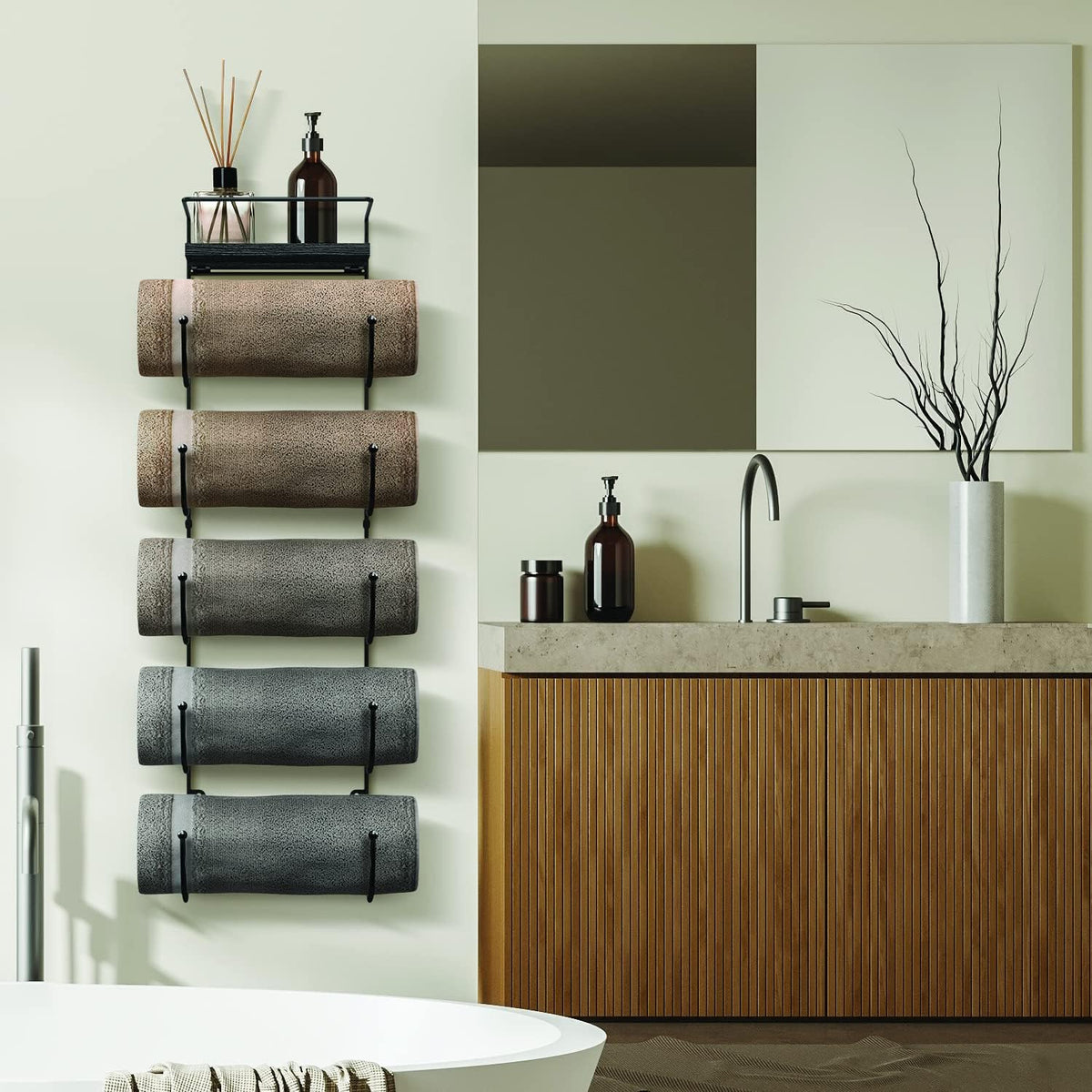 Bathroom Towel Holder - 5 Tier Metal Towel Rack with Wood Shelf for Rolled Bath Towels, Washcloths, Linens, Hand Towels, Soaps & Accessories - Wall Mounted Towel Rack for Bathroom Towel Storage