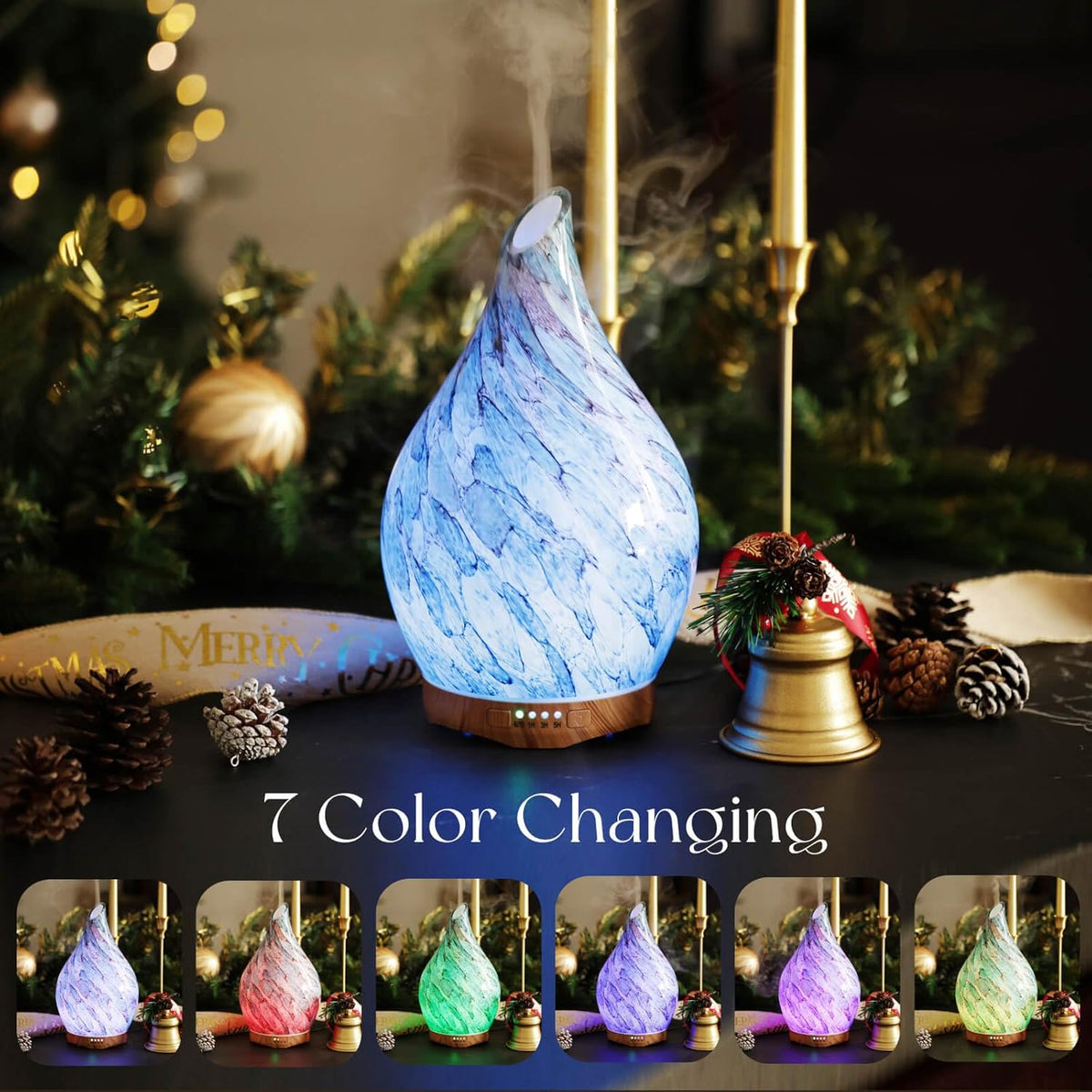 280Ml Remote Essential Oil Diffuser 3D Glass Ultrasonic Mist 7H | Handmade Glass Aroma Diffuser, 7-Color LED Light, Quiet Operation, Auto Shut-Off, Aromatherapy for Home, Bedroom and Gifts