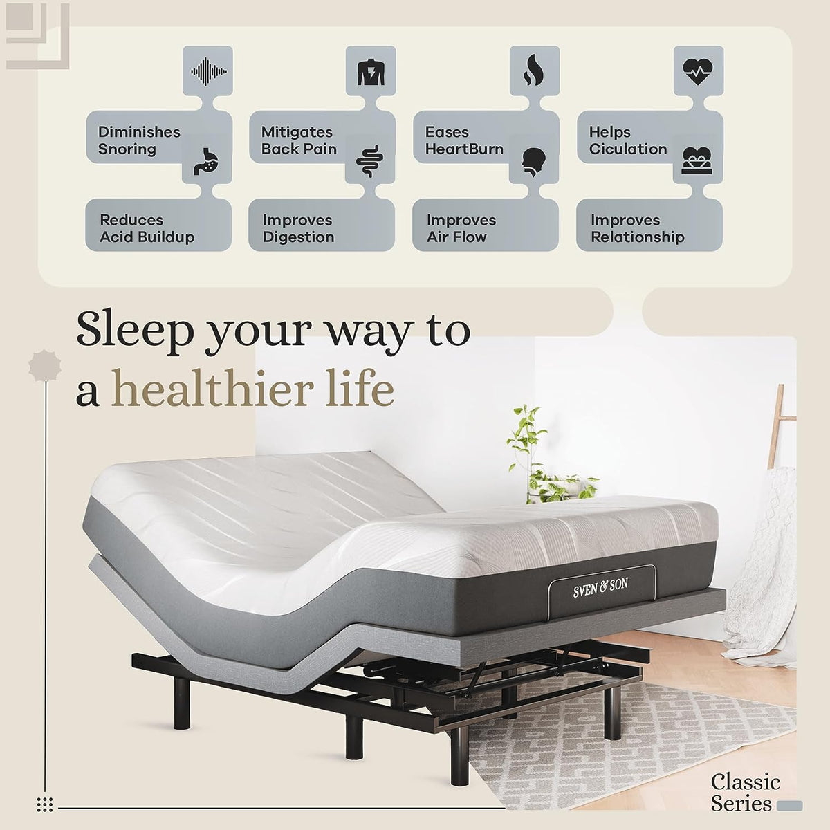 Sven & Son Classic Adjustable Bed Base, Head and Foot Lift, Massage, Under-Bed Lights, USB, Gel Memory, Zero Gravity Smart Frame - Queen + 12 Inch Memory Foam Matt (Medium)